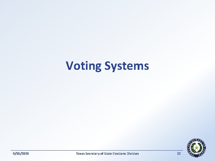 Voting Systems 9/30/2020 Texas Secretary of State Elections Division 32 
