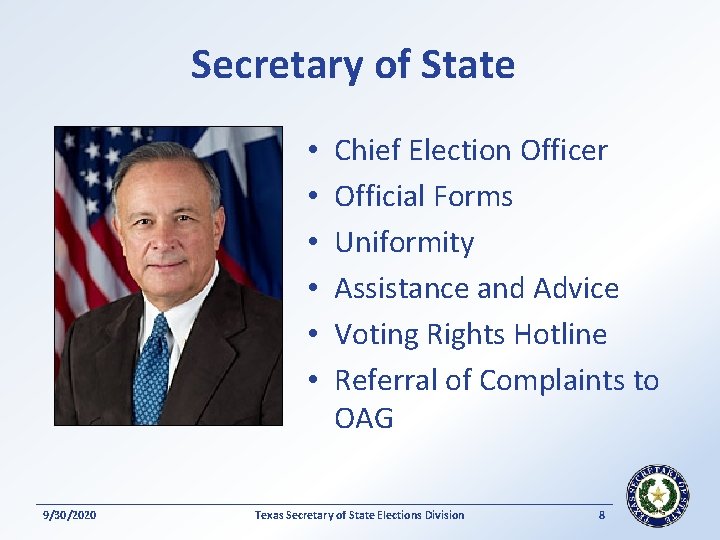 Secretary of State • • • 9/30/2020 Chief Election Officer Official Forms Uniformity Assistance