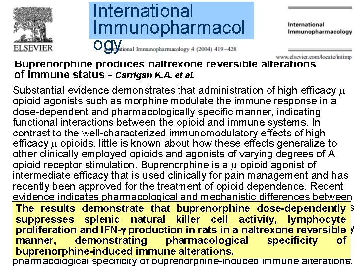 International Immunopharmacol ogy Buprenorphine produces naltrexone reversible alterations of immune status - Carrigan K.