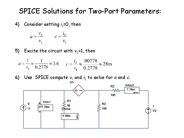 SPICE Solutions for Two-Port Parameters: 4) Consider setting i 1=0, then 5) Excite the