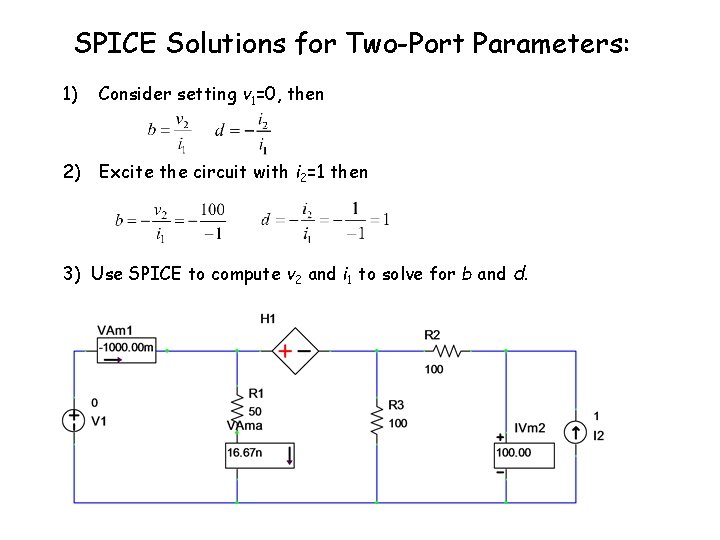 SPICE Solutions for Two-Port Parameters: 1) Consider setting v 1=0, then 2) Excite the