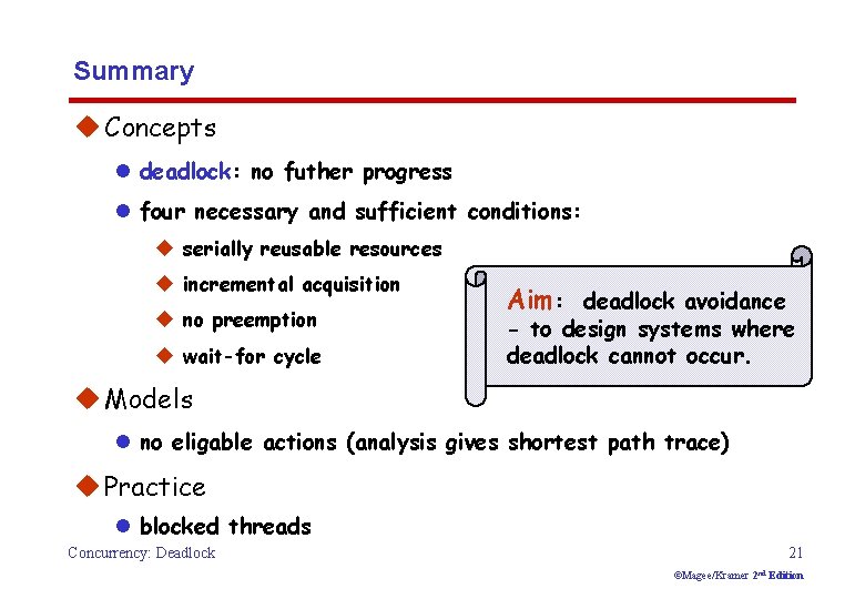 Summary u Concepts l deadlock: no futher progress l four necessary and sufficient conditions: