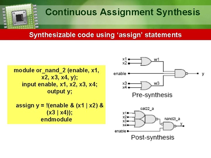 Continuous Assignment Synthesis Synthesizable code using ‘assign’ statements module or_nand_2 (enable, x 1, x
