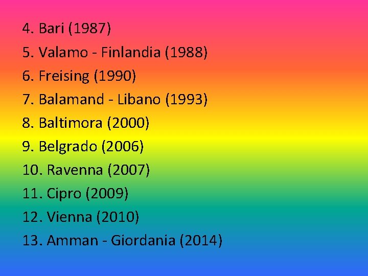 4. Bari (1987) 5. Valamo - Finlandia (1988) 6. Freising (1990) 7. Balamand -