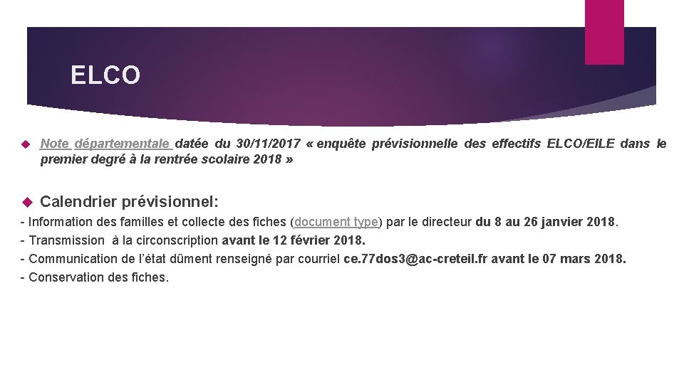 ELCO Note départementale datée du 30/11/2017 « enquête prévisionnelle des effectifs ELCO/EILE dans le