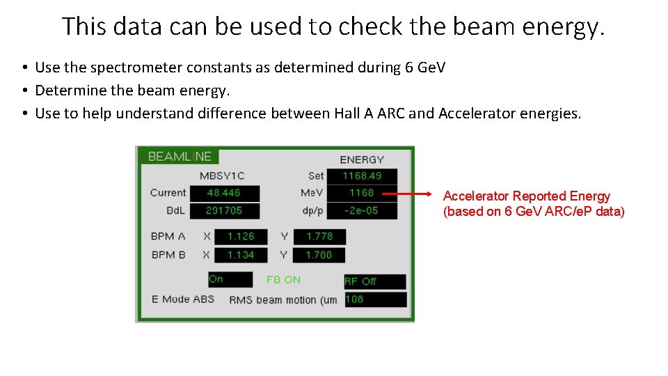 This data can be used to check the beam energy. • Use the spectrometer