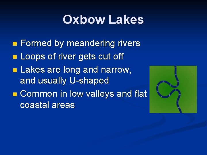 Oxbow Lakes Formed by meandering rivers n Loops of river gets cut off n