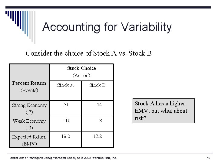 Accounting for Variability Consider the choice of Stock A vs. Stock B Stock Choice