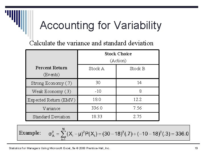 Accounting for Variability Calculate the variance and standard deviation Stock Choice (Action) Percent Return