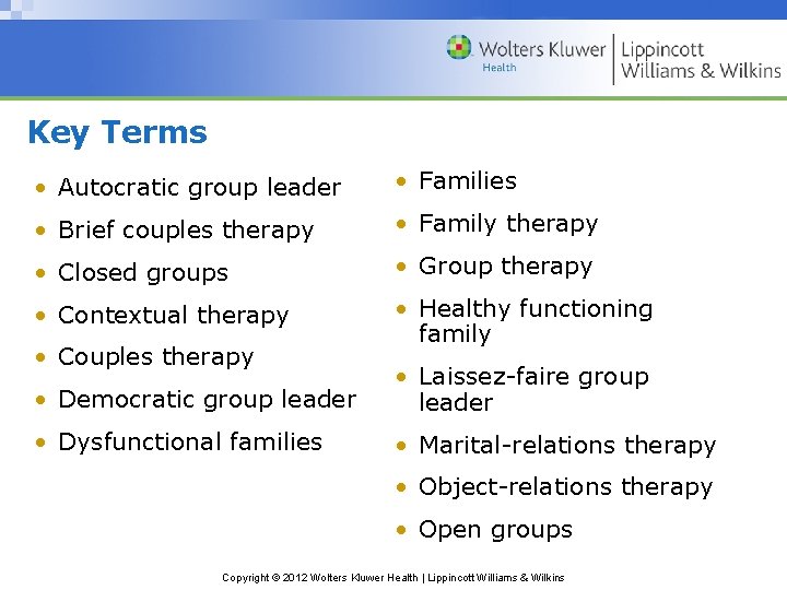 Key Terms • Autocratic group leader • Families • Brief couples therapy • Family