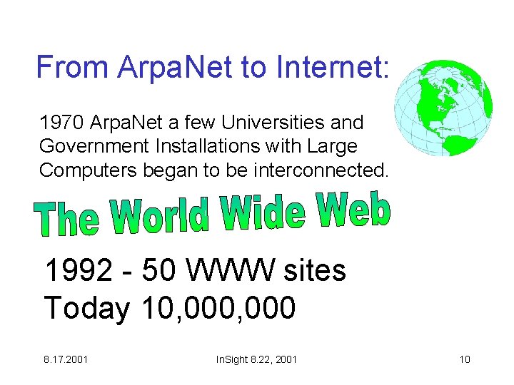 From Arpa. Net to Internet: 1970 Arpa. Net a few Universities and Government Installations