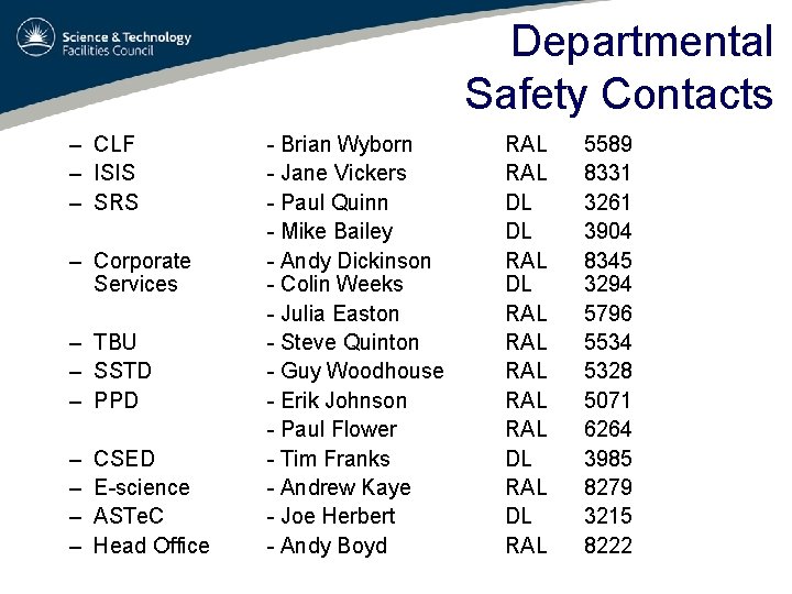 Departmental Safety Contacts – CLF – ISIS – SRS – Corporate Services – TBU