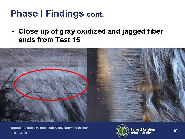 Phase I Findings cont. • Close up of gray oxidized and jagged fiber ends