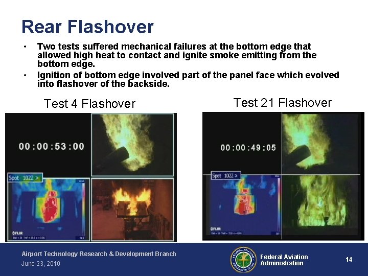Rear Flashover • • Two tests suffered mechanical failures at the bottom edge that