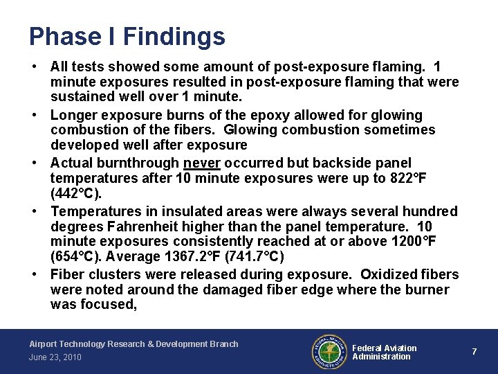Phase I Findings • All tests showed some amount of post-exposure flaming. 1 minute