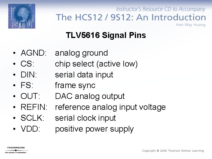 TLV 5616 Signal Pins • • AGND: CS: DIN: FS: OUT: REFIN: SCLK: VDD: