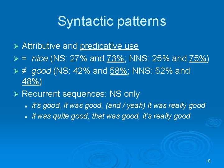 Syntactic patterns Attributive and predicative use Ø = nice (NS: 27% and 73%; NNS: