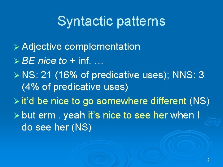 Syntactic patterns Ø Adjective complementation Ø BE nice to + inf. … Ø NS: