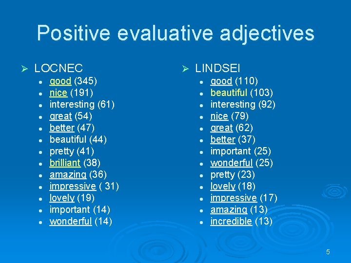 Positive evaluative adjectives Ø LOCNEC l l l l good (345) nice (191) interesting