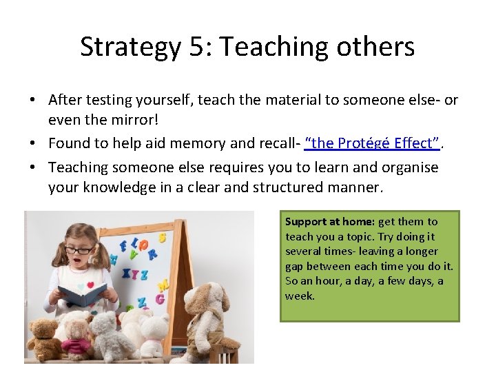 Strategy 5: Teaching others • After testing yourself, teach the material to someone else-