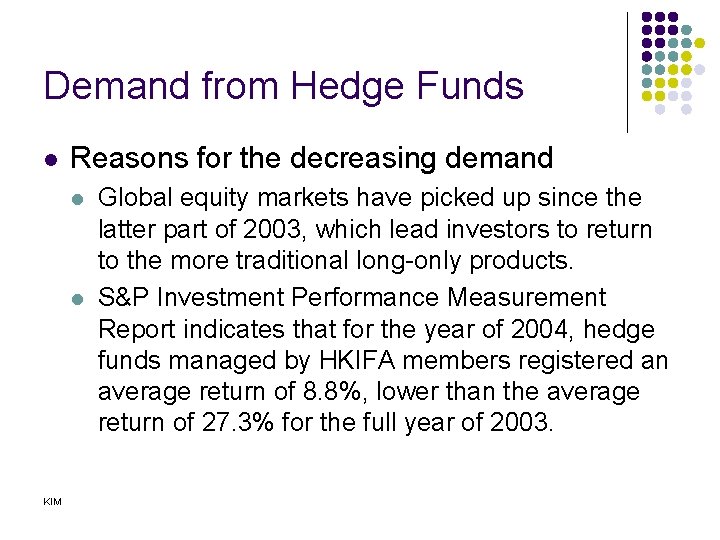 Demand from Hedge Funds l Reasons for the decreasing demand l l KIM Global