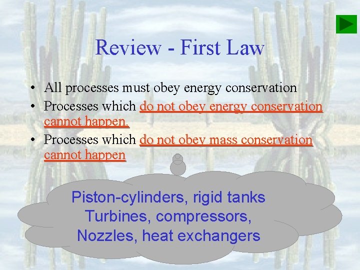 Review - First Law • All processes must obey energy conservation • Processes which