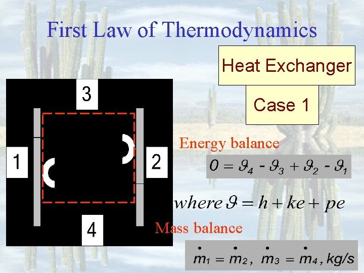 First Law of Thermodynamics Heat Exchanger Case 1 Energy balance Mass balance 