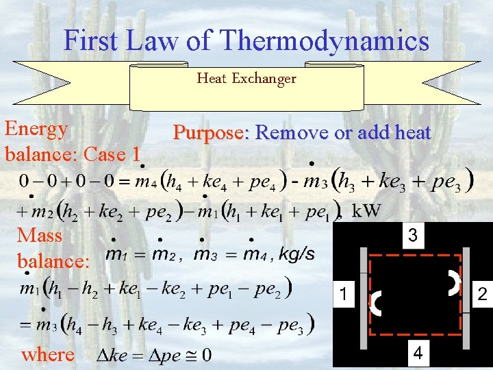 First Law of Thermodynamics Heat Exchanger Energy balance: Case 1 Mass balance: where Purpose: