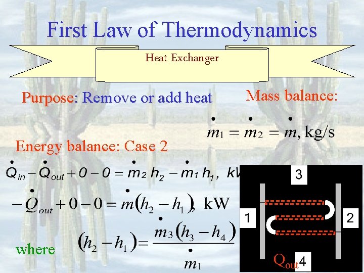 First Law of Thermodynamics Heat Exchanger Purpose: Remove or add heat Mass balance: Energy