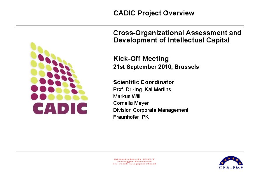 CADIC Project Overview Cross-Organizational Assessment and Development of Intellectual Capital Kick-Off Meeting 21 st