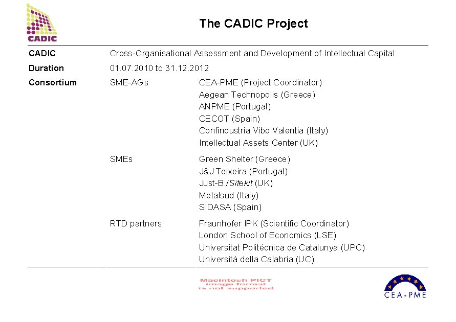 The CADIC Project CADIC Cross-Organisational Assessment and Development of Intellectual Capital Duration 01. 07.