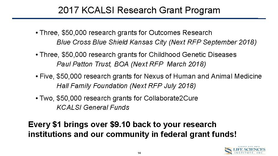 Draft for Discussion Purposes 2017 KCALSI Research Grant Program Strategy • Three, $50, 000