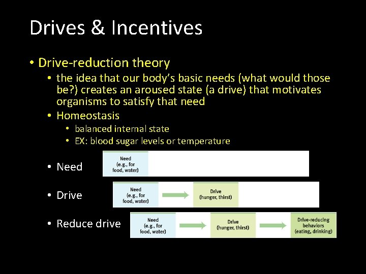Drives & Incentives • Drive-reduction theory • the idea that our body’s basic needs