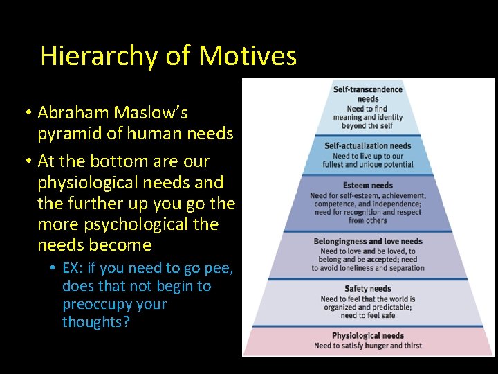 Hierarchy of Motives • Abraham Maslow’s pyramid of human needs • At the bottom