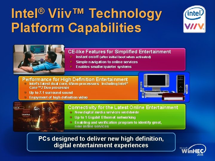 ® Intel Viiv™ Technology Platform Capabilities CE-like Features for Simplified Entertainment Instant on/off (after