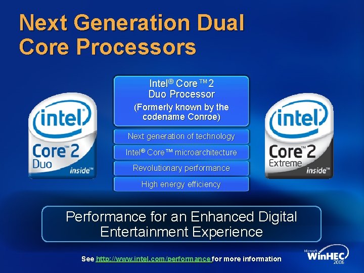 Next Generation Dual Core Processors Intel® Core™ 2 Duo Processor (Formerly known by the