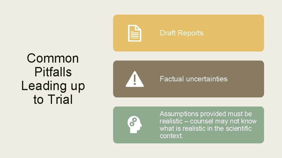 Draft Reports Common Pitfalls Leading up to Trial Factual uncertainties Assumptions provided must be