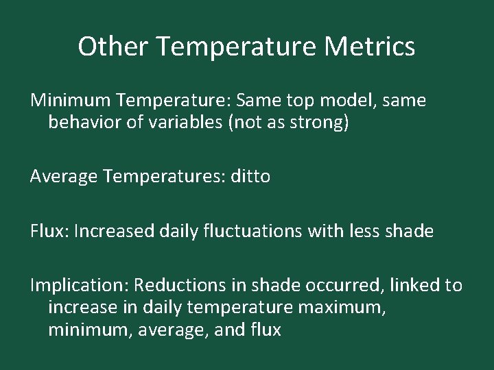 Other Temperature Metrics Minimum Temperature: Same top model, same behavior of variables (not as