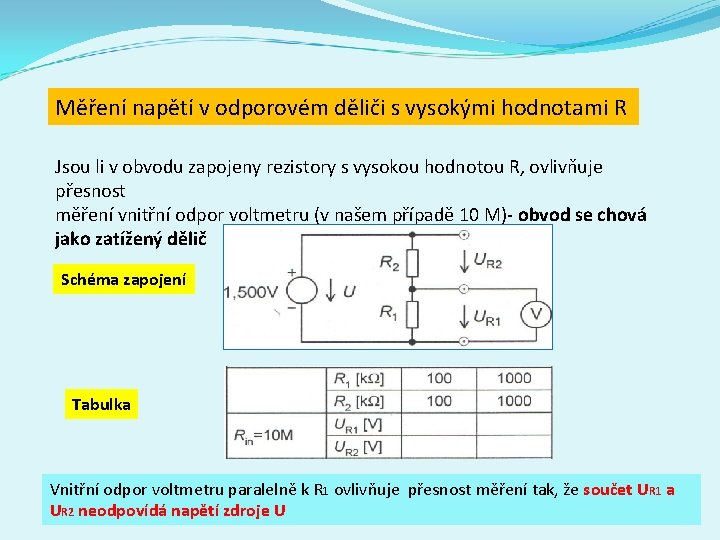 Měření napětí v odporovém děliči s vysokými hodnotami R Jsou li v obvodu zapojeny