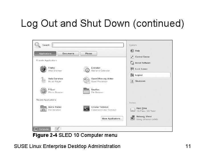 Log Out and Shut Down (continued) Figure 2 -4 SLED 10 Computer menu SUSE Log Out and Shut Down (continued) Figure 2 -4 SLED 10 Computer menu SUSE