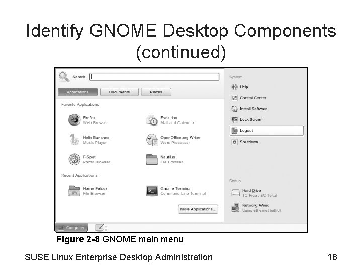 Identify GNOME Desktop Components (continued) Figure 2 -8 GNOME main menu SUSE Linux Enterprise Identify GNOME Desktop Components (continued) Figure 2 -8 GNOME main menu SUSE Linux Enterprise