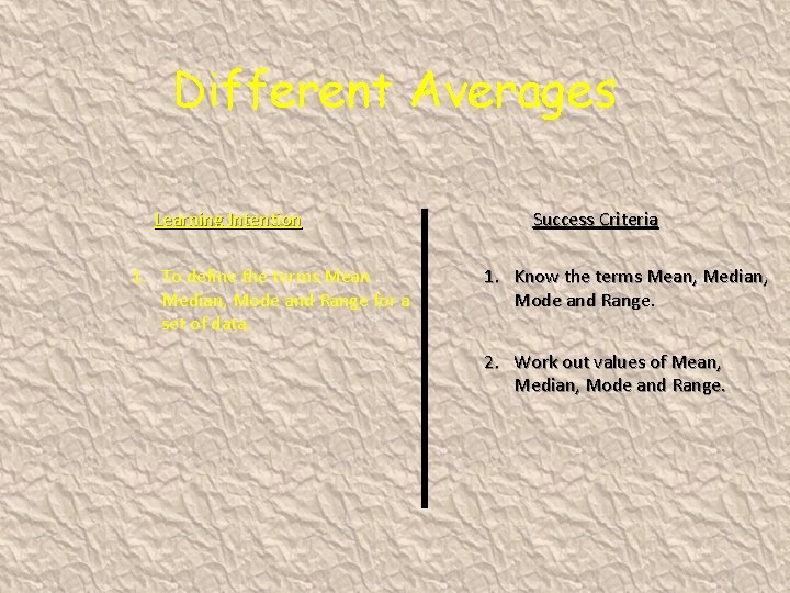 Different Averages Learning Intention 1. To define the terms Mean Median, Mode and Range