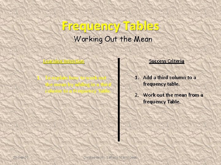 Frequency Tables Working Out the Mean Learning Intention 1. To explain how to work