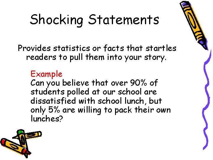 Shocking Statements Provides statistics or facts that startles readers to pull them into your