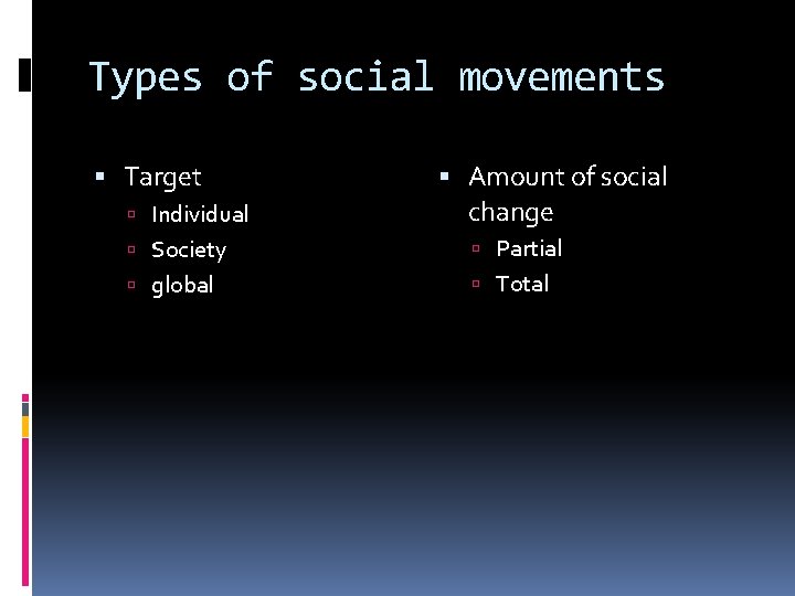 Types of social movements Target Individual Amount of social change Society Partial global Total