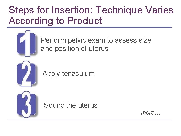 Steps for Insertion: Technique Varies According to Product Perform pelvic exam to assess size Steps for Insertion: Technique Varies According to Product Perform pelvic exam to assess size