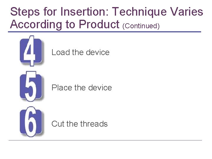 Steps for Insertion: Technique Varies According to Product (Continued) Load the device Place the Steps for Insertion: Technique Varies According to Product (Continued) Load the device Place the