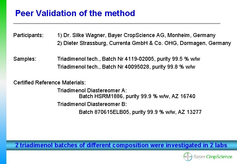 Peer Validation of the method Participants: 1) Dr. Silke Wagner, Bayer Crop. Science AG,