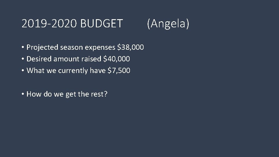 2019 -2020 BUDGET • Projected season expenses $38, 000 • Desired amount raised $40,