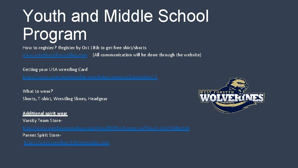 Youth and Middle School Program How to register? Register by Oct 18 th to